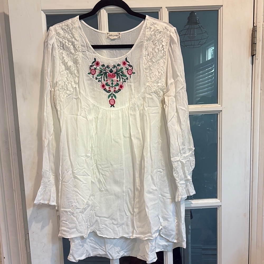 Mixed Media Cream Embellished Long Sleeve Tunic